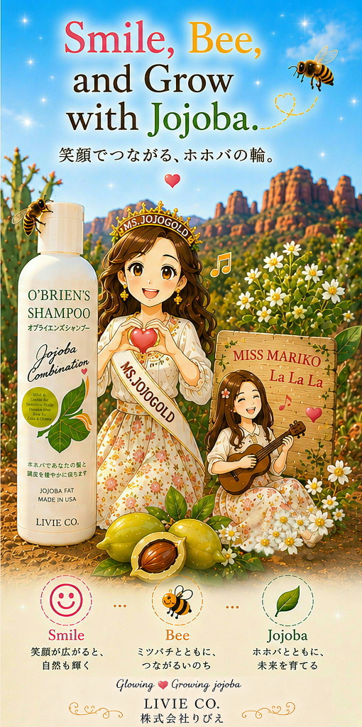 Ms. JOJOGOLD、O'Brien's Shampoo、原種ホホバ、ミツバチ、セドナの風景を組み合わせた「Smile, Bee, and Grow with Jojoba.」のイメージ。