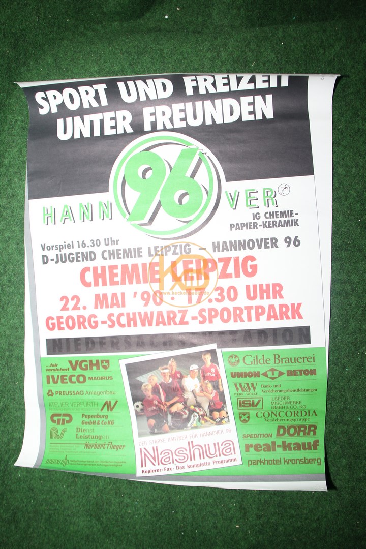 Spielplakat Chemie Leipzig gegen Hannover 96 am 22. Mai 1990. Das letzte Spiel der alten BSG in Leutzsch.