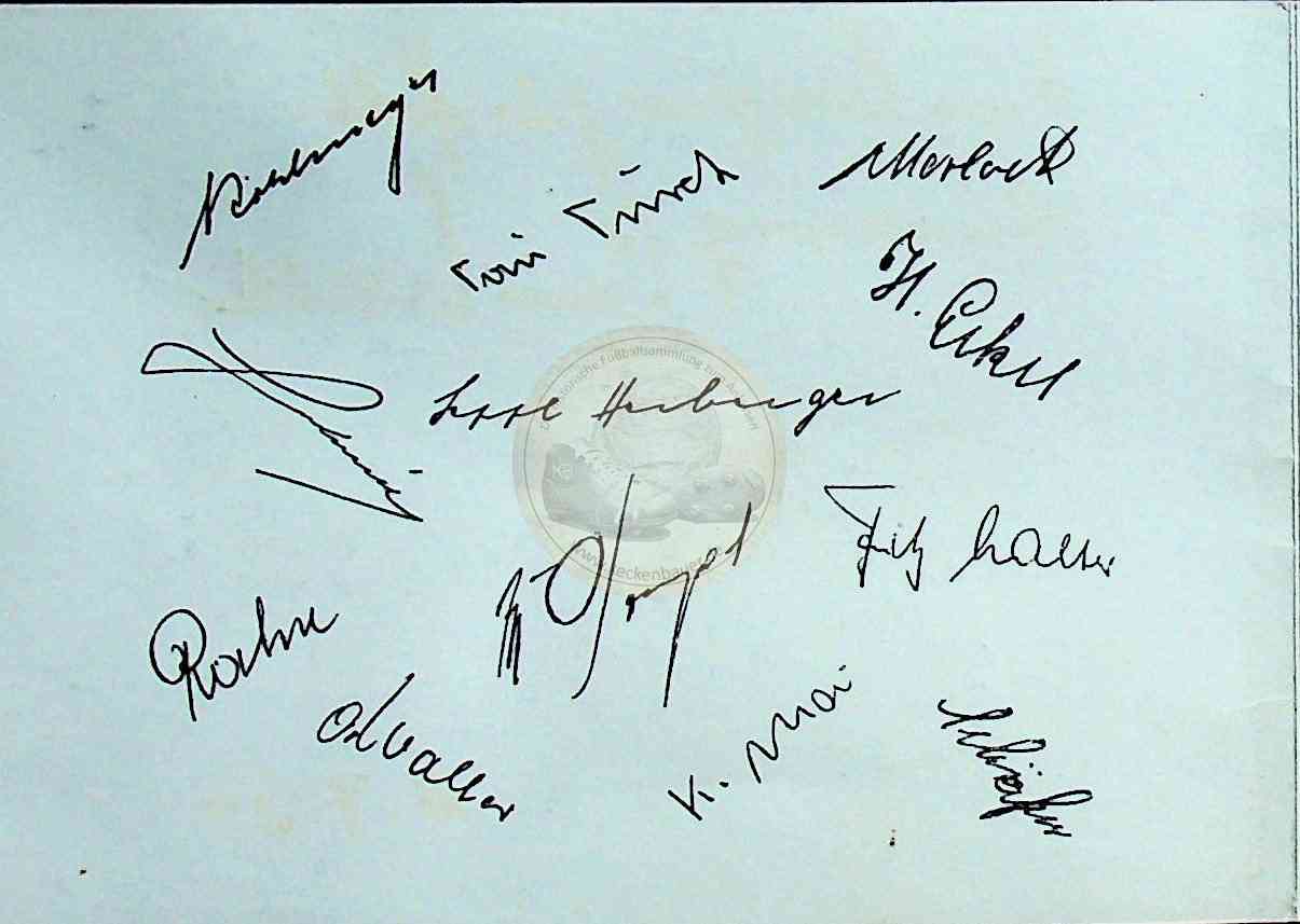 Karte mit den gedruckten Autogrammen der Weltmeister von 1954 b