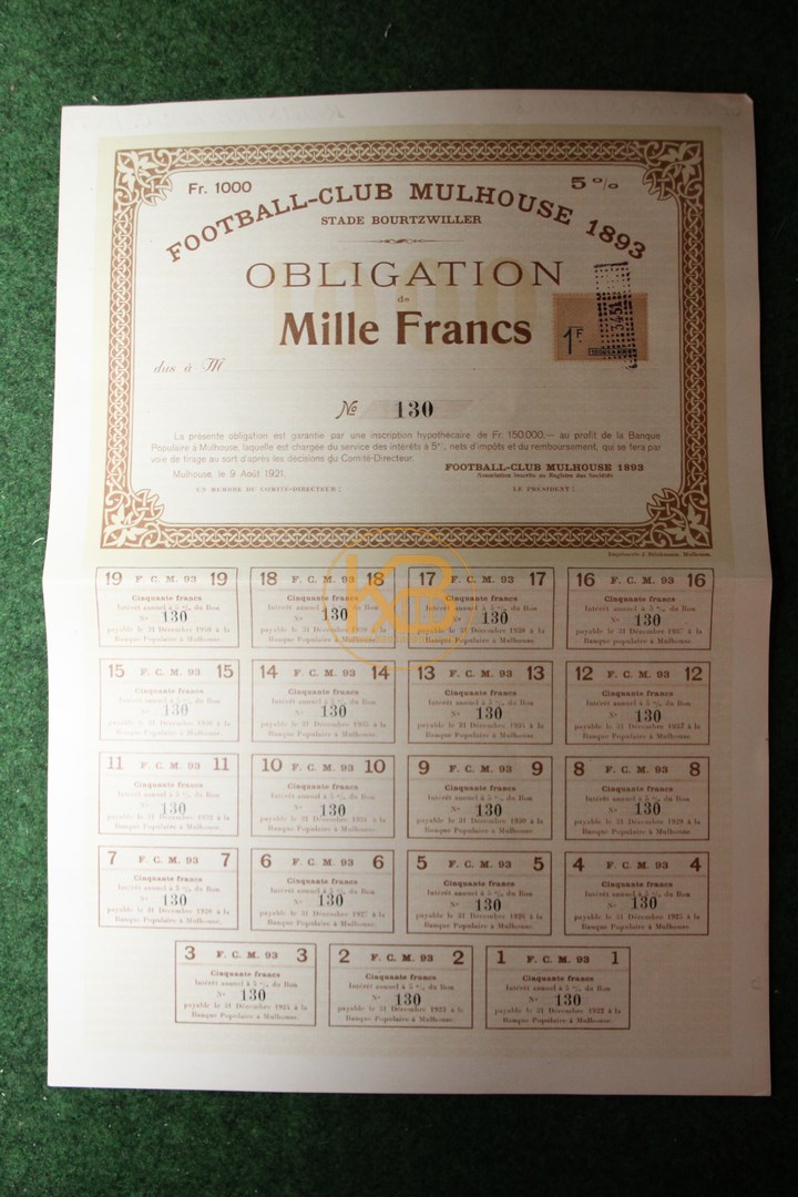 5 % Obligation über 1000 Franc vom 9. 8.1921 vom FC Mulhouse ehemaliges Mitglied des DFB.