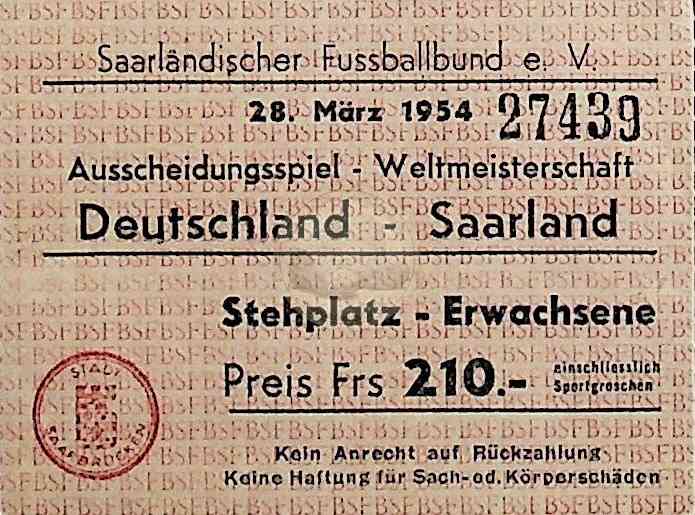 19540328 Ticket Deutschland Saarland WM Qualifikationsspiel Saarbrücken 