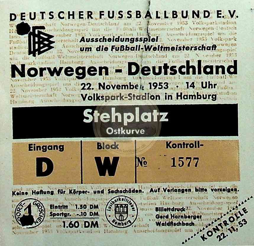 19531122 Ticket Norwegen Deutschland in Hamburg WM Qualifikationsspiel