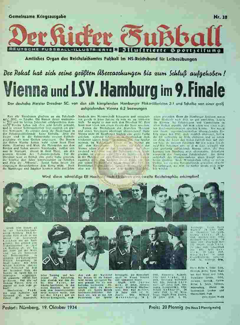 1934 Oktober 19. Gemeinsame Kriegsausgabe Der Kicker Fußball Nr. 28