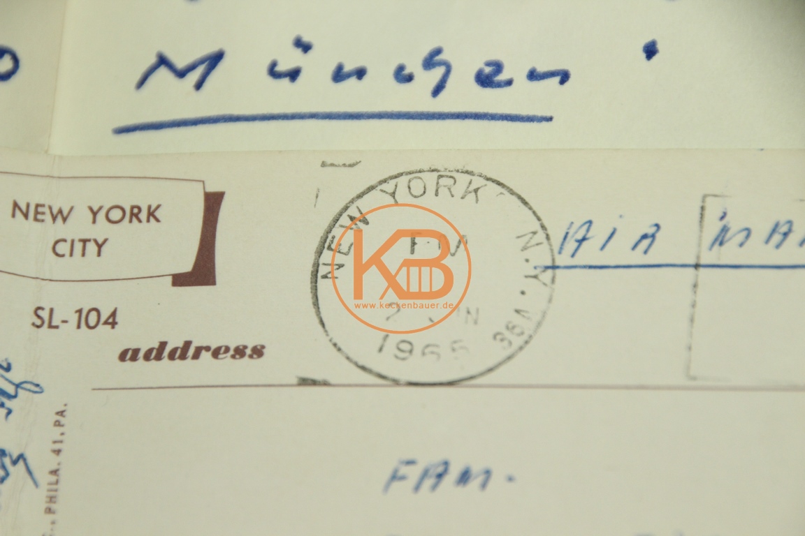 Postkarte mit den original Autogrammen von 1860 München von der New York Reise aus dem Jahr 1965 2/2