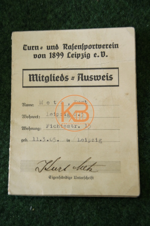 Mitgliedsausweis vom Turn und Rasensportverein 1899 Leipzig e.V. aus dem Jahr 1939 1/2