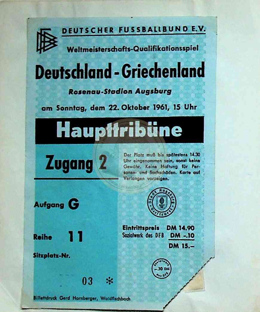 6 19611022 Ticket Deutschland Griechenland in Augsburg