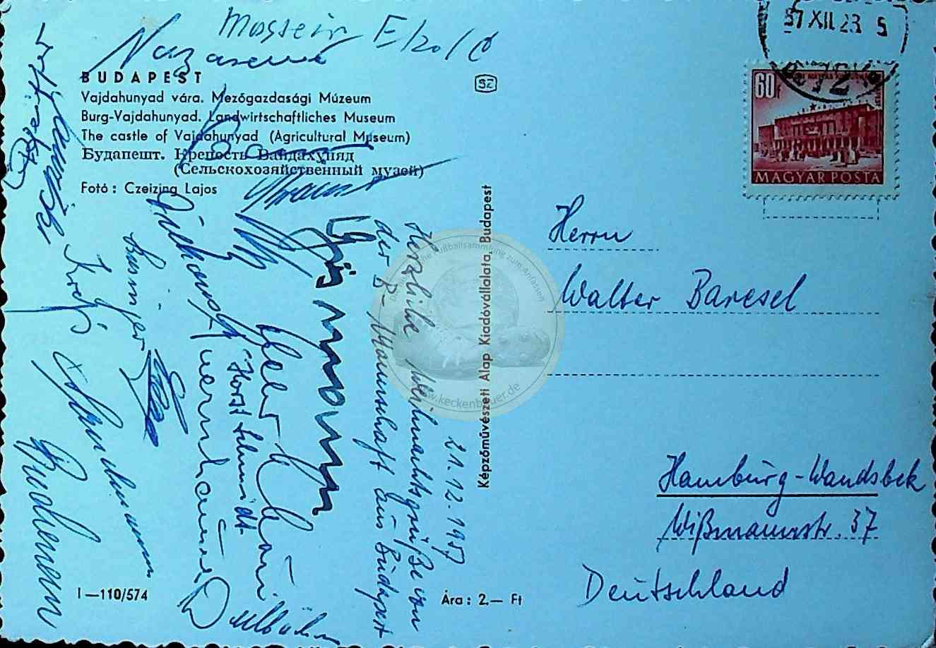 19570723 Postkarte aus Budapest mit den Autogrammen der deutschen B Nationalmannschaft b