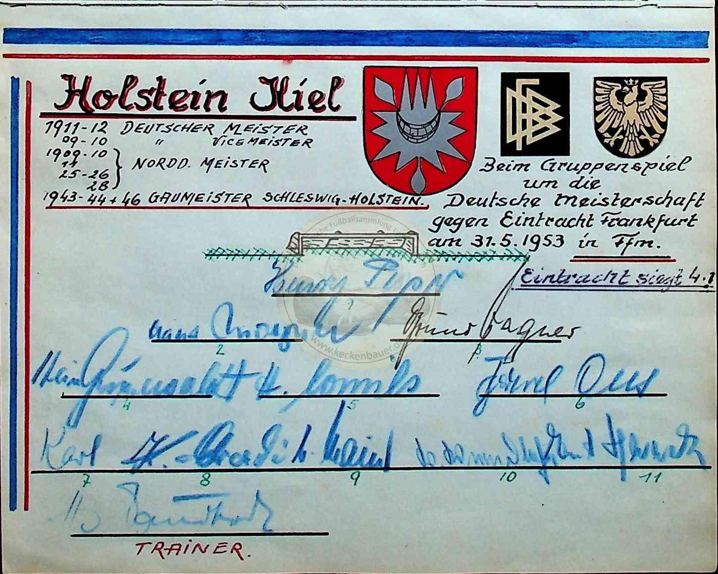 19530531 Autogramme Holstein Kiel beim Gruppenspiel gegen Frankfurt