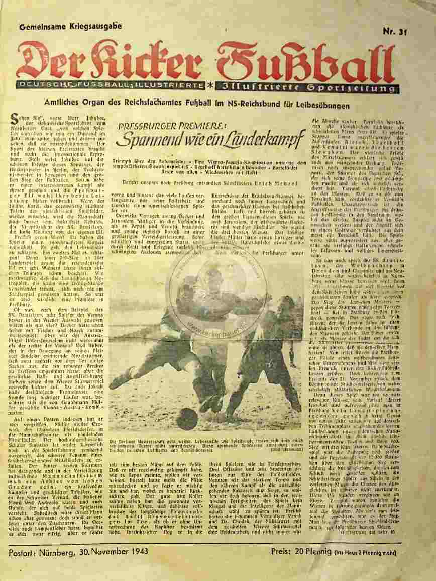 1943 November 30. Gemeinsame Kriegsausgabe Kicker Fußball Nr.31