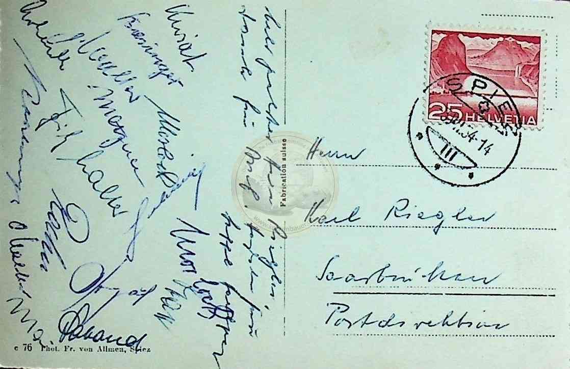 19540703 Postkarte aus dem WM Quartier Spiez mit den Autogrammen der deutschen Nationalmannschaft 