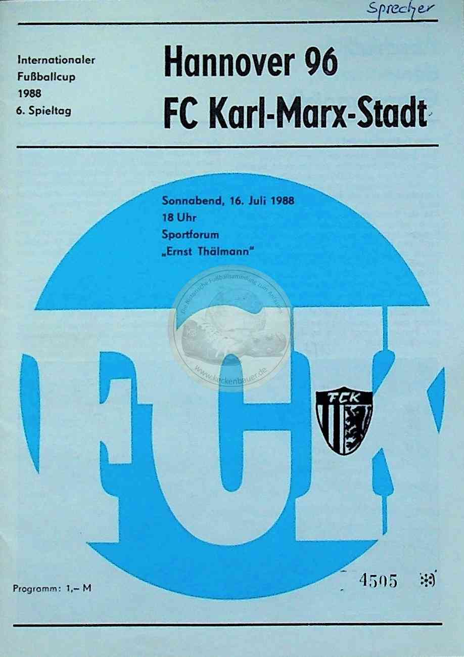 19880716 Programm Hannover 96 Karl Marx Stadt Chemnitz Sprecher