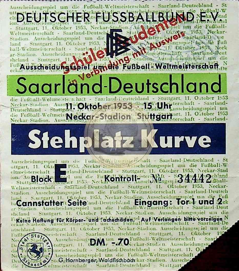 19531011 Stuttgart Saarland gegen Deutschland Ticket 