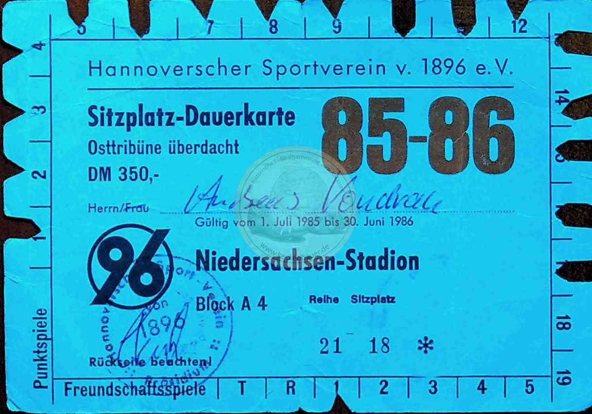 Hannover 96 Dauerkarte Saison 1985 1986 