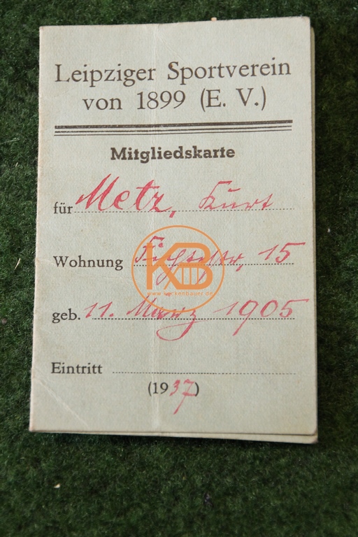 Mitgliedskarte vom Leipziger Sportverein von 1899 e.V. aus dem Jahr 1937 1/2