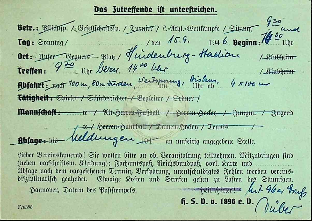 19460915 Hannover 96 Einladung Leichtathletik Wettkämpfe 