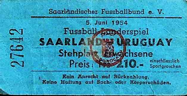 19540605 Ticket Saarland Uruguay Freundschaftsspiel in Saarbrücken 