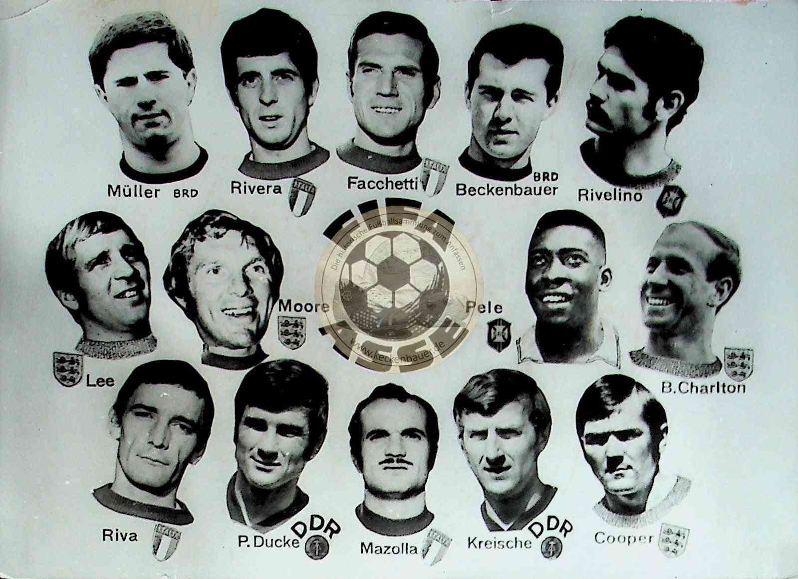 Alte Postkarte FIFA Asse Müller Rivera Facchetti Beckenbauer Rivelino Lee Moore Pele Charlton Riva Ducke Mazolla Kreische Cooper