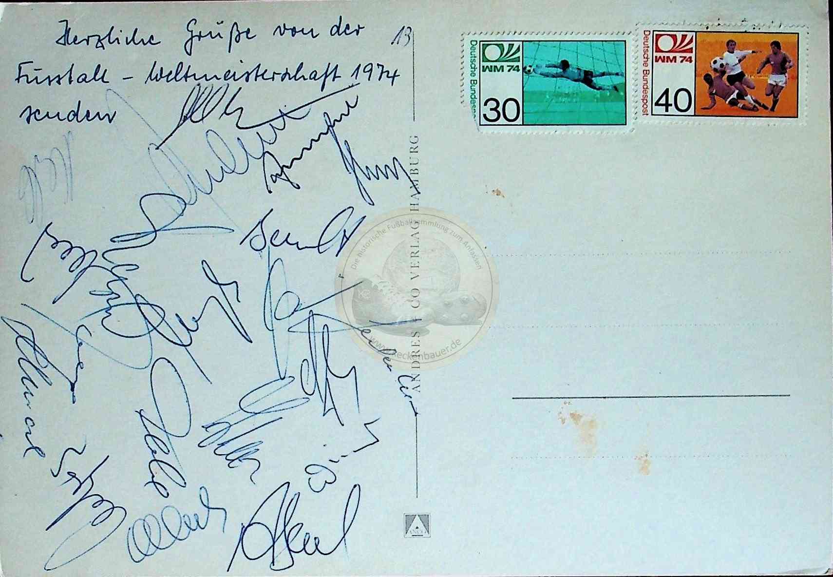 1974 Postkarte von der Weltmeisterschaft in Deutschland mit den Autogrammen der deutschen Nationalmannschaft b