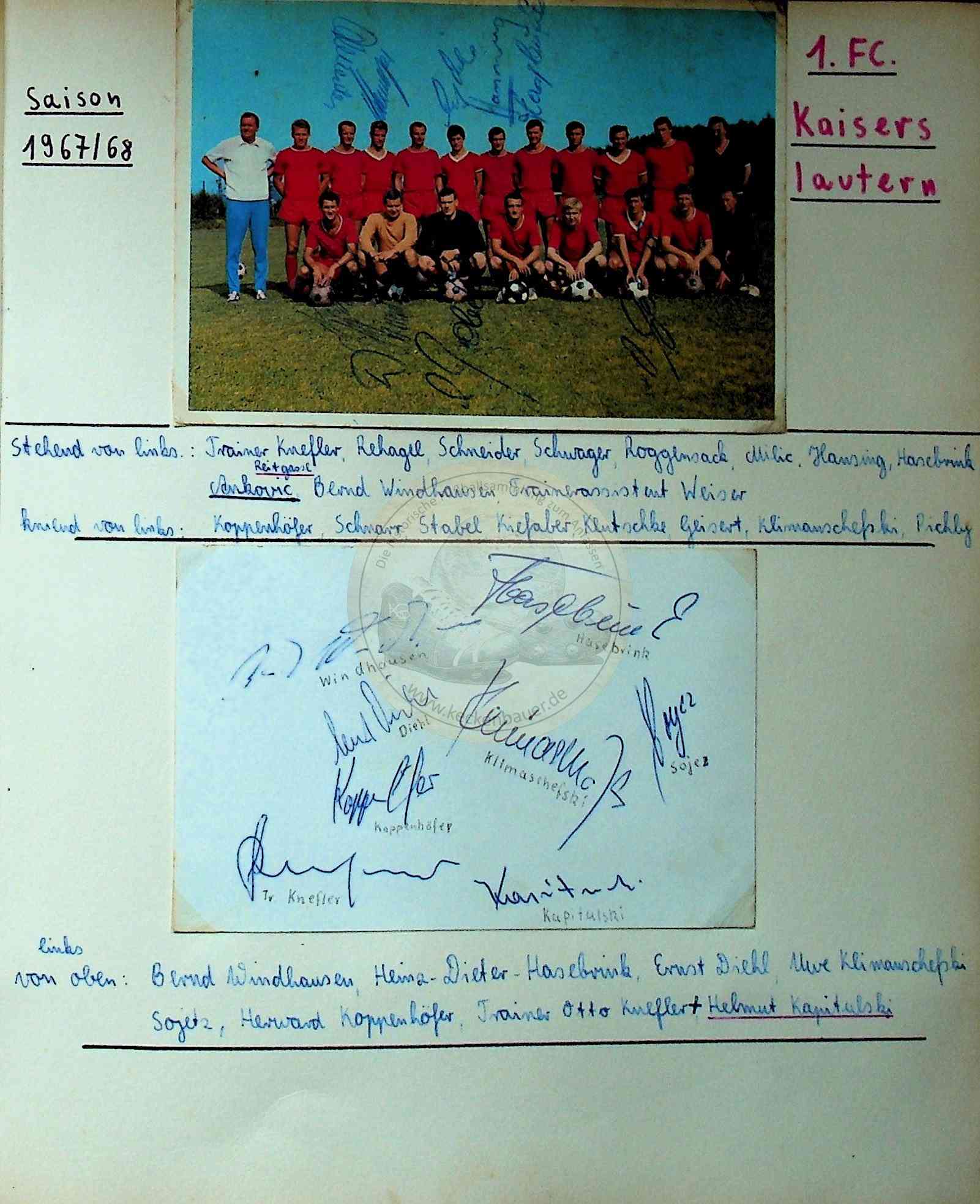 31 Autogramme Kaiserslautern Kader 1967 68