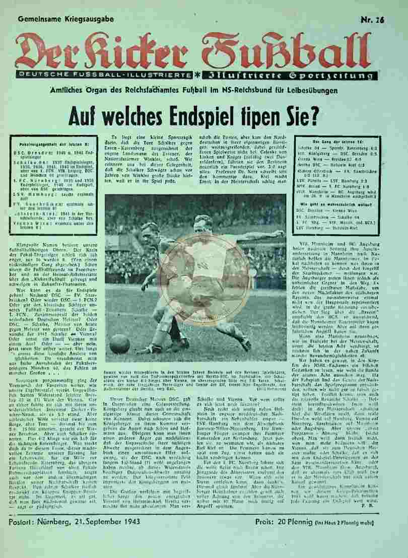 1943 September 21. Gemeinsame Kriegsausgabe Der Kicker Fußball Nr. 26