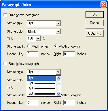Рис. 5.38. Задание вертикального смещения линеек во вложенном окне Paragraph Rule Options