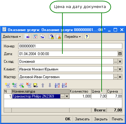 Рис. 1.6. Заполнение документа Оказание услуги