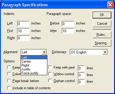 Рис. 5.3. Диалоговое окно Paragraph Specifications