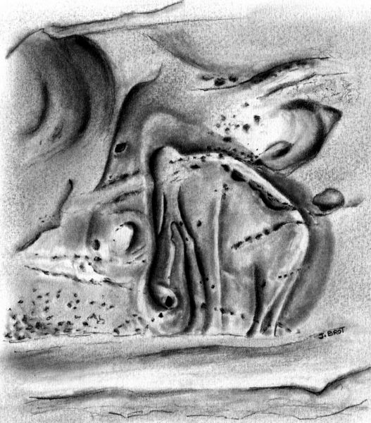 Paroi sculptée d'un mammouth après l'intervention de l'artiste (Grotte de Domme, Dordogne