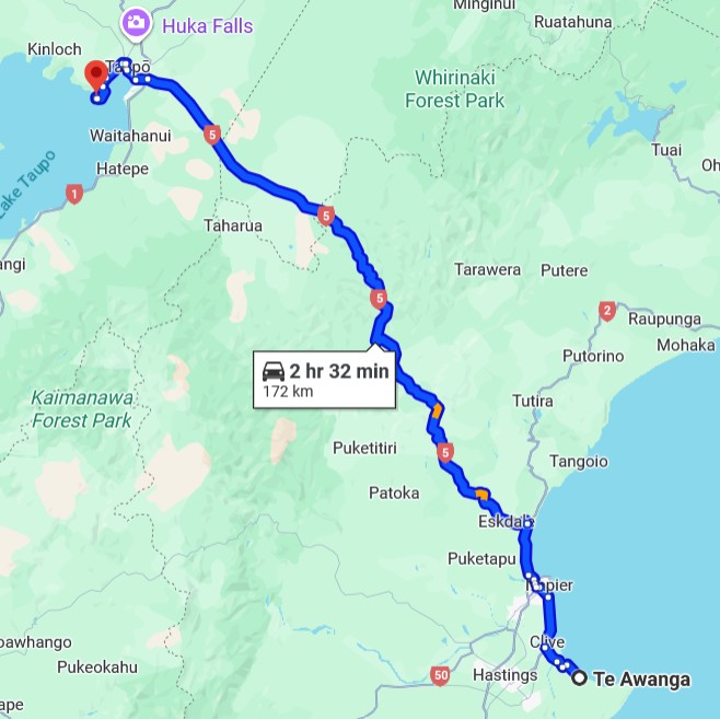 Unsere Strecke nach Taupo Quelle: Google Maps Kartendaten @ 2025 Neuseeland
