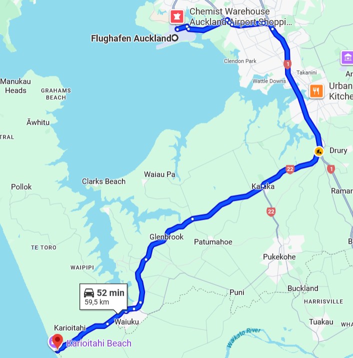 Anfahrtsstrecke Quelle: Google Maps Kartendaten @ 2025 Neuseeland