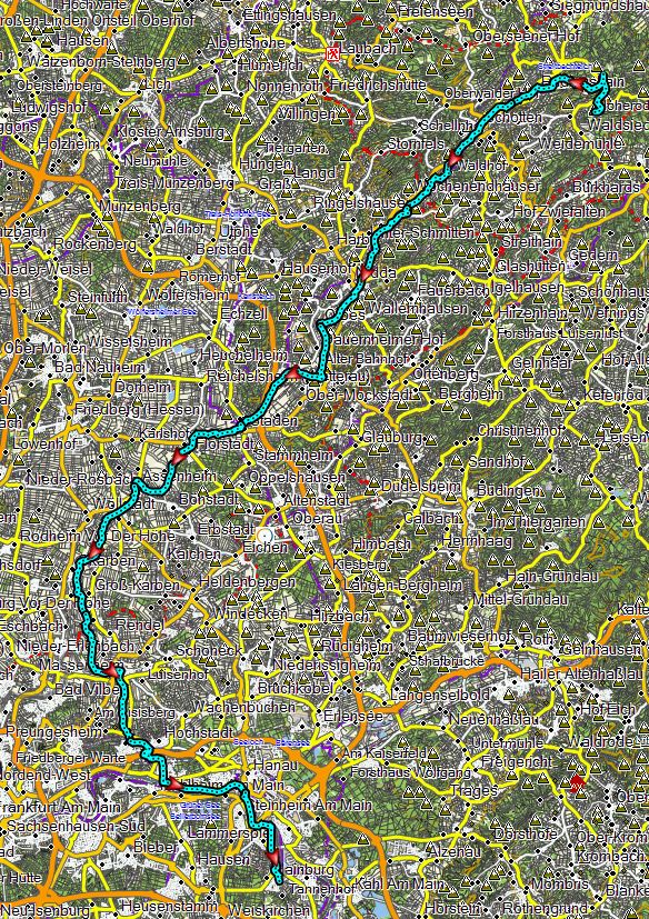 Streckenverlauf Hoherodskopf nach Hainburg erstellt mit Garmin BaseCamp - Kartenquelle: © OpenStreetMap-Mitwirkende