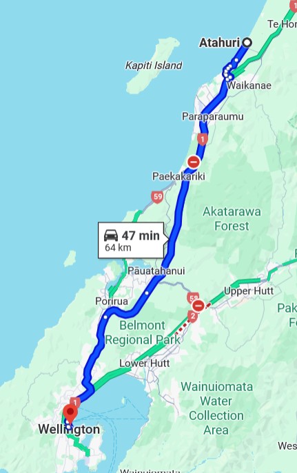 Fahrtstrecke nach Wellington Quelle: Google Maps Kartendaten @ 2025 Neuseeland