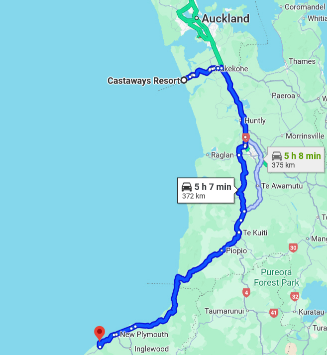 Anfahrtsstrecke Quelle: Google Maps Kartendaten @ 2025 Neuseeland