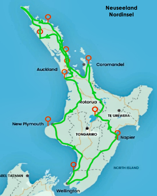 Unsere geplante Route über die Nordinsel Neuseeland