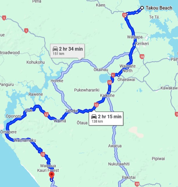 Strecke zur Takou Bay Quelle: Google Maps Kartendaten @ 2025 Neuseeland
