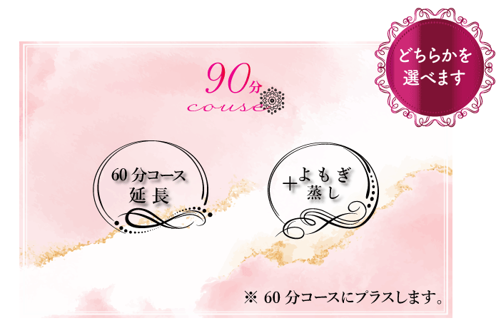 90分コース　「60分コース延長」「よもぎ蒸し」の中よりお選びください