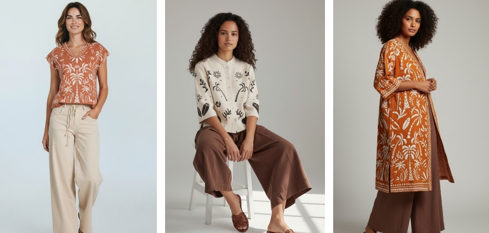 Top € 129- beige broek € 99.95 - vest met broderie € 229 - broekrok € 139 - lange jaquard vest € 279
