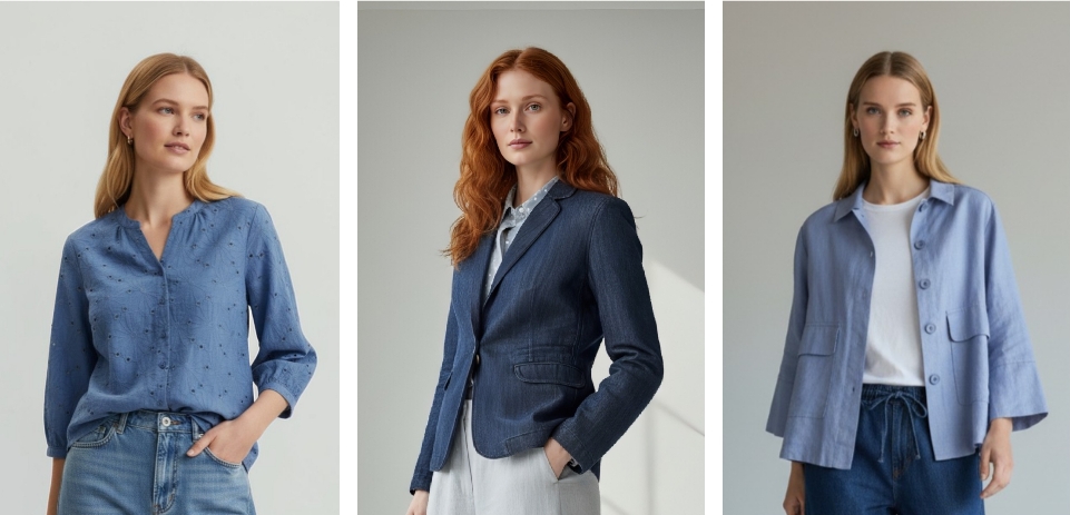  Bloes € 99.95- Jeans blazer € 89.90- linnen vest € 129