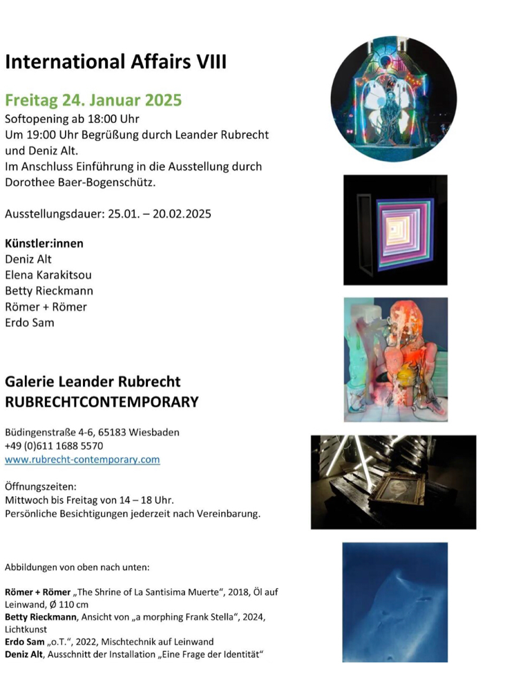 Abbildungen von oben nach unten: Römer + Römer „In the face of the burn“, 2022; Betty Rieckmann Ansicht von „a morphing Frank Stella“, 2024; Erdo Sam, o.T. 2022; Deniz Alt Ausschnitt der Installation „Eine Frage der Identität“