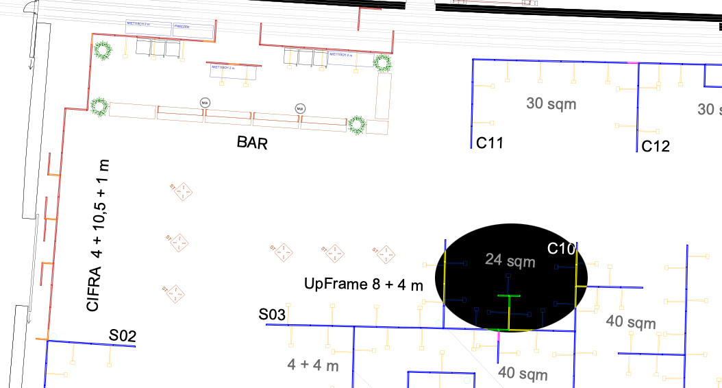 Ausschnitt Messehalle: Unser Stand C10 ist links oben nahe der Bar zu finden