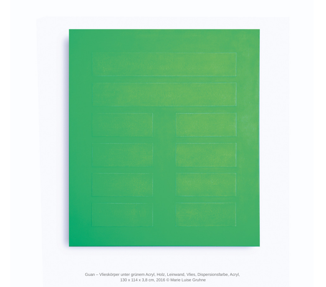  Marie Luise Gruhne Guan – Vlieskörper unter grünem Acryl, Holz, Leinwand, Vlies, Dispersionsfarbe, Acryl, 130 cm x 114 cm x 3,8 cm, 2016
