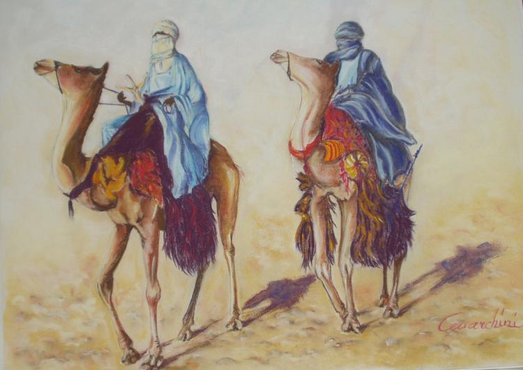 Uomini blu a cavallo di dromedario