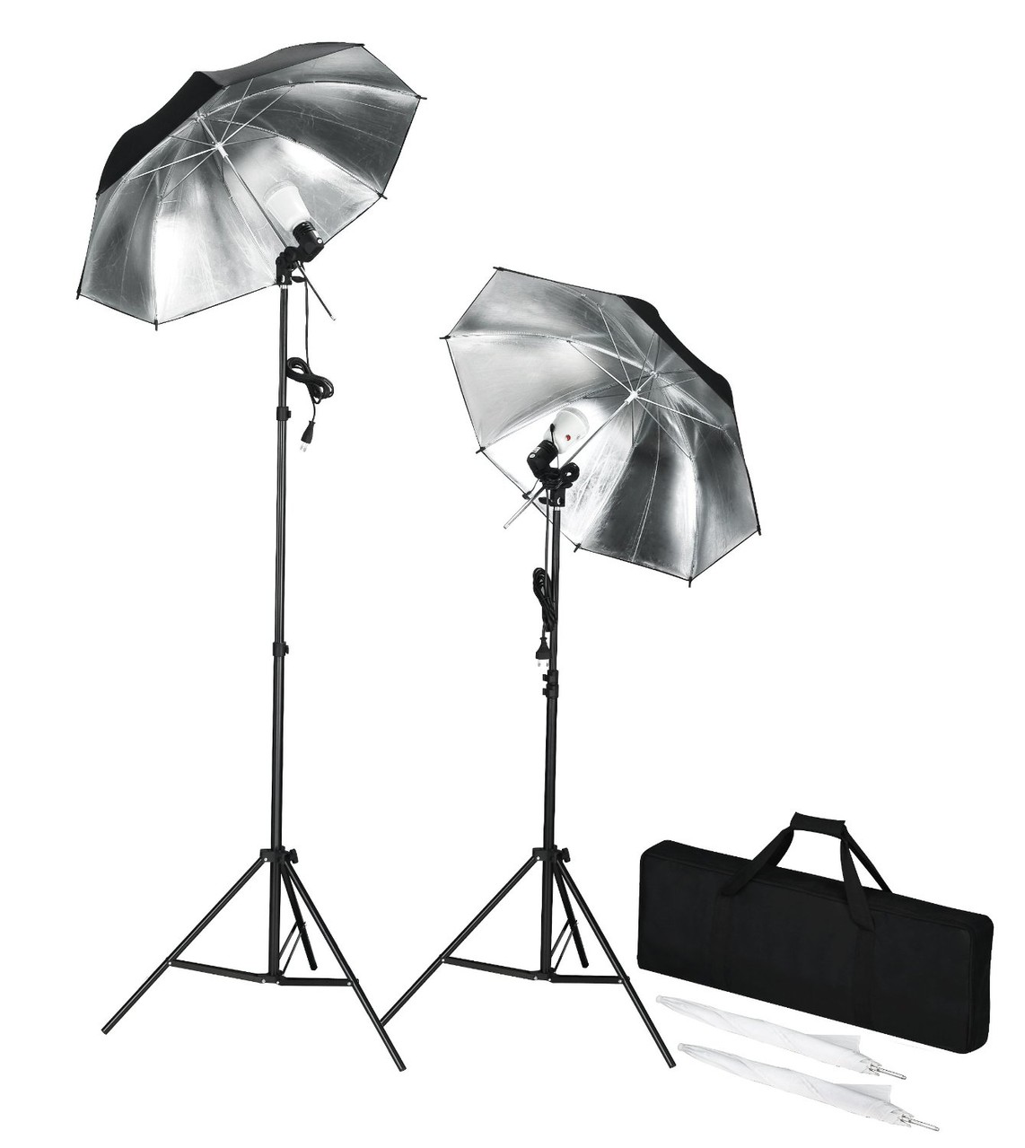 2 Flashs 45 w avec parapluies argent/noir et 2 parapluies blancs