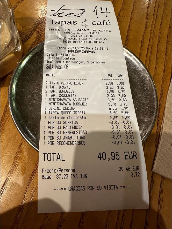 Un cliente pide unas croquetas en un bar de Málaga y no da crédito a lo que encuentra en el ticket