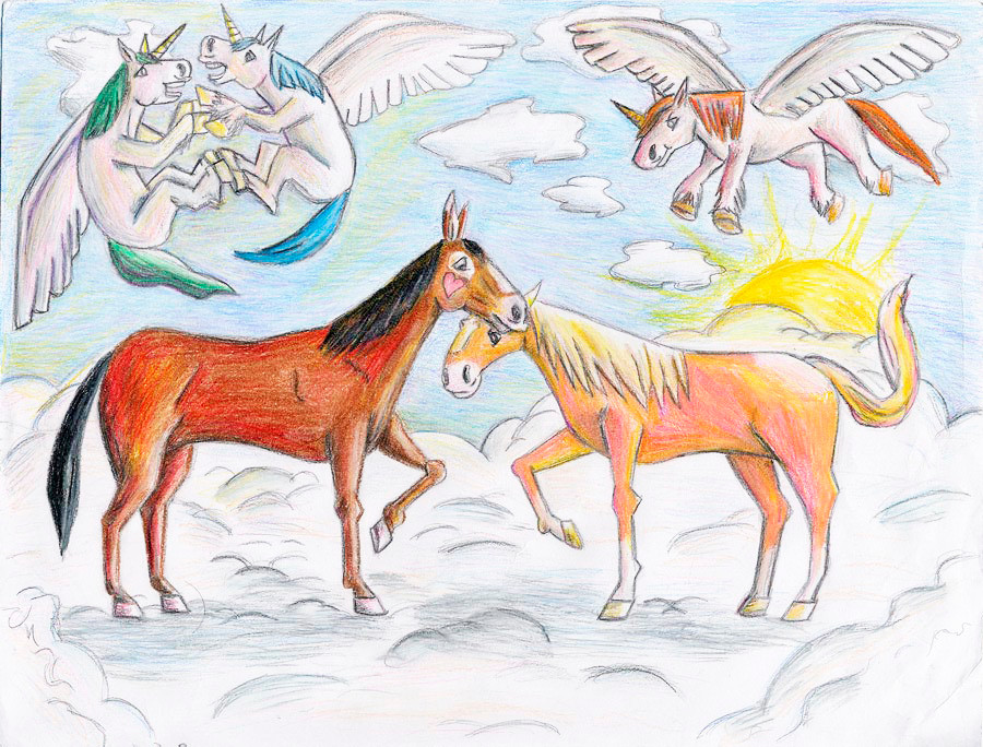 horses in sky-color pencils-2007