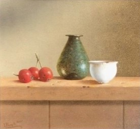 Leo Pors (1952) | Fijnschilder | 21ste eeuw | Stilleven | "Zandloperglas en sierappeltjes" | Paneelmaat: 24 cm. x 26 cm. | Gedateerd 2025 | Taxatie: 2.750,= euro | Onze speciale prijs: 1.850,= euro | Met CV en certificaat!