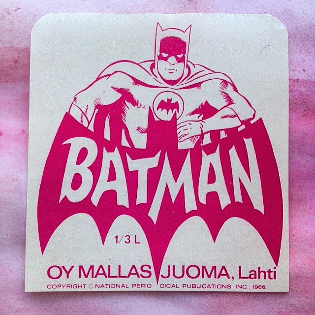 A label from the 1966 Batman lemonade orange drink from Finland.