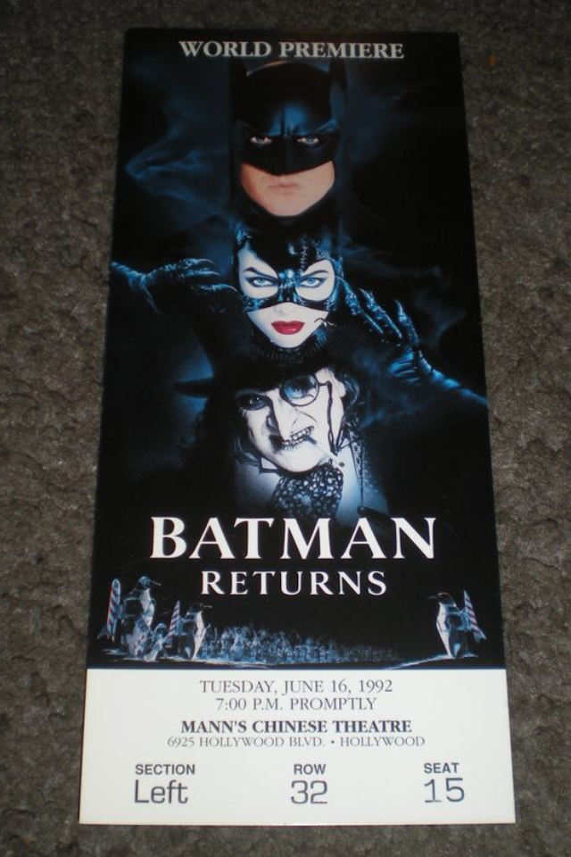 Original "oversized" extremely rare ticket to Batman Returns, the World Premiere June 16 1992. I was not there myself... I purchased this ticket from a seller/collector in the USA.