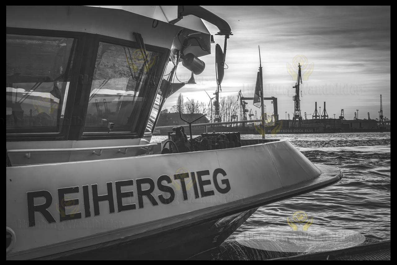die barkasse reiherstieg als schwarz weiss hamburg wandbild