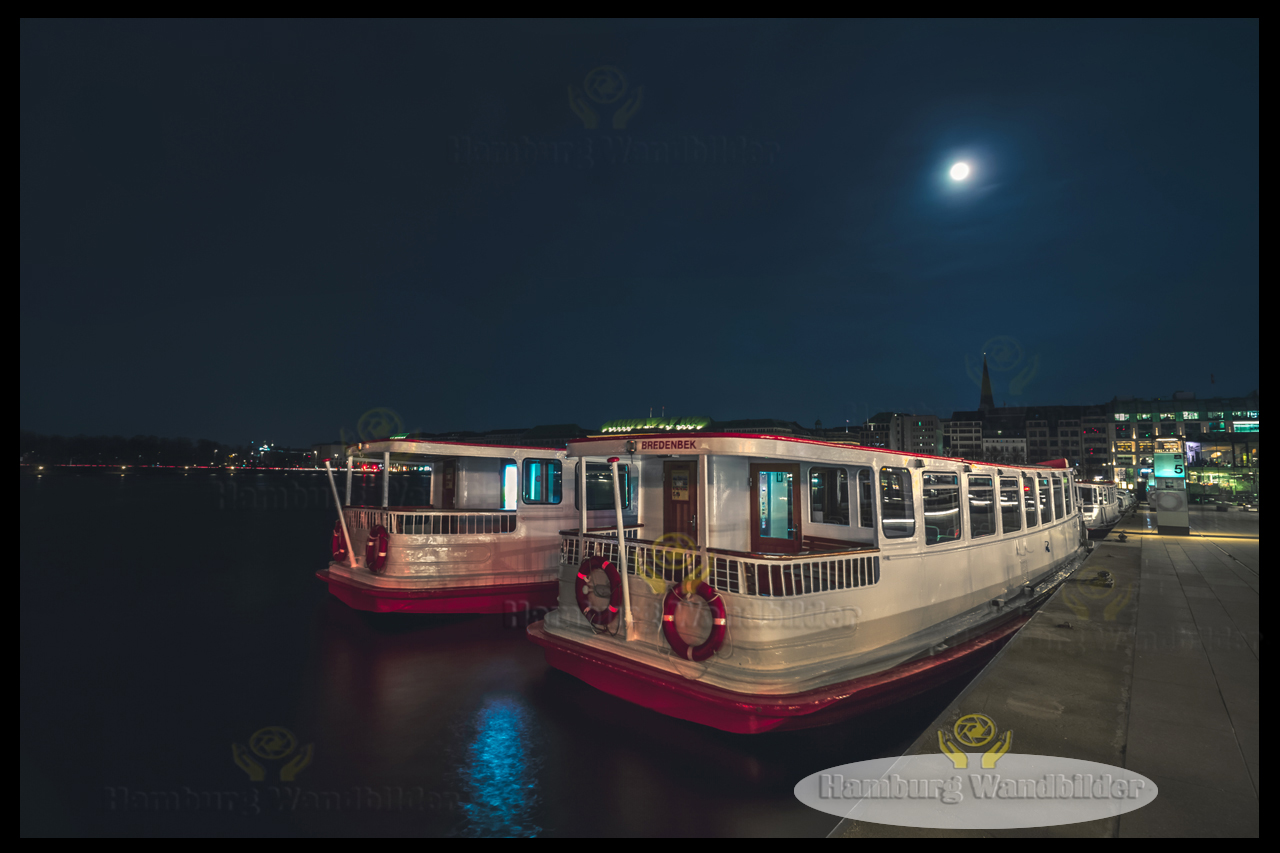 eine nachtaufnahme im mondschein mit zwei alsterschiffe hamburg wandbilder